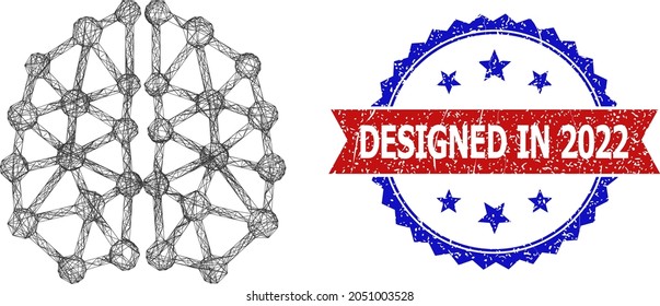 Net AI structure frame icon, and bicolor unclean Designed in 2022 seal stamp. Flat carcass created from AI structure icon and crossing lines. Vector seal with unclean bicolored style,