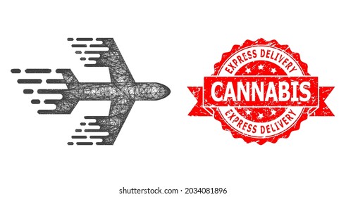 Net airplane icon, and Express Delivery Cannabis scratched ribbon stamp. Red stamp has Express Delivery Cannabis caption inside ribbon.Geometric hatched frame flat net based on airplane icon,