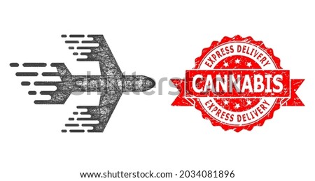 Net airplane icon, and Express Delivery Cannabis scratched ribbon stamp. Red stamp has Express Delivery Cannabis caption inside ribbon.Geometric hatched frame flat net based on airplane icon,