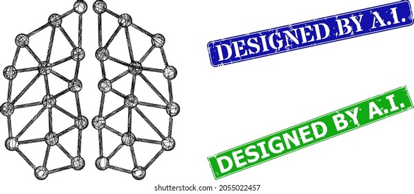 Net artificial intelligence image, and Designed by A.I. blue and green rectangular grunge stamp seals. Polygonal wireframe image based on artificial intelligence pictogram.