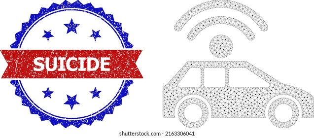 Icono de canal de auto automático neto, y goma bicolor Marca de agua suicida. Símbolo de malla de alambre diseñado con el icono automático del coche. Marca de agua vectorial con texto suicida dentro de cinta roja y rosette azul,
