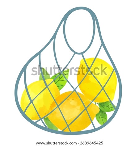 Net bag with fresh yellow lemons and green leaves. Summer fruit art.