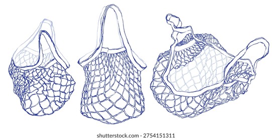 Net bag hand drawn illustration set. Mesh striting bad reusable, zero waste. Grocery tote for shopping isolated on white. Sketch eco reusable, zero waste concept. Farmers market, plastic free