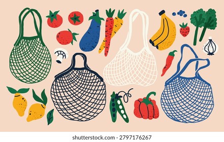 Net bag mesh with fruit, vegetables for eco market shopping. Reusable grocery zero waste basket, bio shopper tote, tomato, eggplant, banana, lemons and broccoli. Vector flat illustration