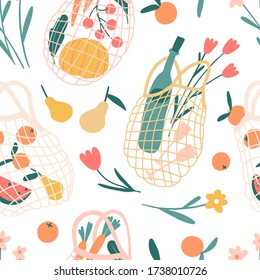 Net bag seamless pattern. Reusable shopping bags with food and wine. Trendy shopper with fruits, vegetables, flowers. Zero waste, plastic free, eco life. Local market. Flat cartoon vector texture