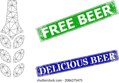 Imagen de cerveza de cebada neta, y rectángulo azul y verde de cerveza gratis. La imagen de la canal de malla se crea a partir del pictograma de cerveza de cebada. Los sellos incluyen texto de cerveza libre dentro de un rectángulo.