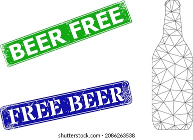 Nettes Bierflaschenbild und Bier Free blaue und grüne Rechteck unlean Abzeichen. Polygonales Wireframe-Bild mit Bierflaschensymbol. Briefmarken enthalten Bierfreie Bildunterschrift im Rechteck.