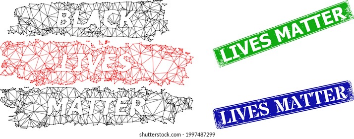 Net black lives matter image, and Lives Matter blue and green rectangular unclean stamp seals. Polygonal wireframe illustration designed with black lives matter icon.