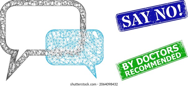 Net blog messages image, and Say No warn blue and green rectangle textured badges. Mesh carcass image based on blog messages icon. Stamps contain Say No warn caption inside rectangle frame.