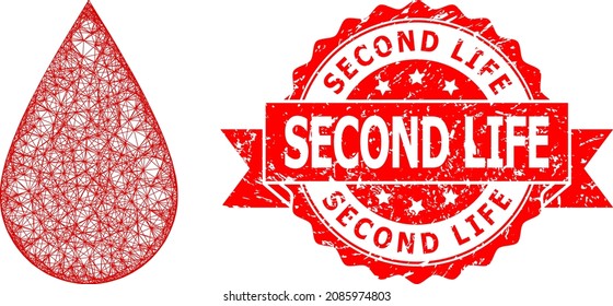 Net blood drop icon, and Second Life grunge ribbon seal. Red stamp seal includes Second Life tag inside ribbon.Geometric hatched carcass flat net based on blood drop icon,