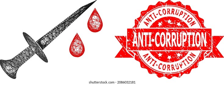Icono de la espada de sangre en la red y sello sucio de la cinta anticorrupción. El sello rojo contiene el título Anticorrupción dentro de la cinta. Red plana de marco lineal geométrica basada en el icono de la espada de sangre,