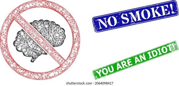 Net brainless image, and No Smoke warn blue and green rectangle unclean watermarks. Polygonal wireframe image is based on brainless pictogram. Stamp seals contain No Smoke warn tag inside rectangular