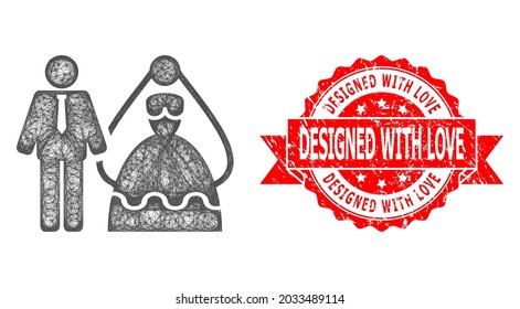 Icono de novia y novio neto, y diseñado con amor sellado de sello de cinta corroída. Sello de sello rojo ha Diseñado con texto de amor dentro de la cinta.Red de marco lineal geométrico 2D basada en el icono de novia y novio,