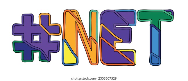 #NET. Bright funny cartoon color doodle isolated text. Hashtag # NET for print, social network, advertising banner, t-shirt design. Stock vector picture.