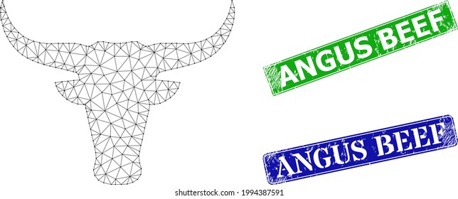 Net bull head image, and Angus Beef blue and green rectangular unclean stamp seals. Polygonal wireframe illustration is created from bull head pictogram.