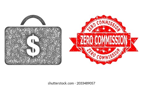 Net business case icon, and Zero Commission corroded ribbon stamp seal. Red stamp seal has Zero Commission title inside ribbon.Geometric wire frame 2D net based on business case icon,