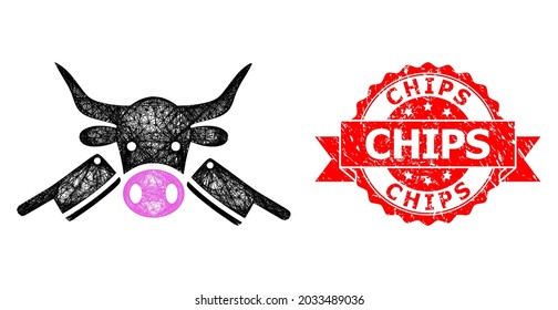 Netto-Metzgereien-Ikone und Chips Gummibanddichtung. Rotes Siegel enthält Chips-Tag in band.Geometrisches lineares 2D-Netz basierend auf dem Metzgereisymbol, erzeugt mit Kreuzlinien.