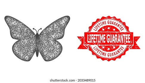 Net butterfly icon, and Lifetime Guarantee dirty ribbon stamp seal. Red stamp seal includes Lifetime Guarantee caption inside ribbon.Geometric linear frame 2D network based on butterfly icon,