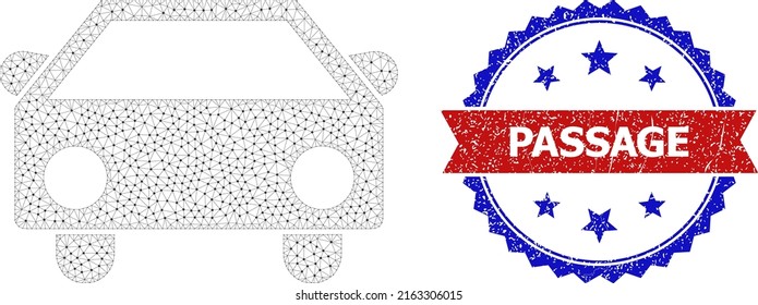Netto-Auto-Wireframe-Illustration, und bicolor kratzte Passage-Siegel. Mesh Wireframe Illustration erstellt aus dem Auto-Icon. Vektorwasserzeichen mit Durchfahrtstext in rotem Band und blauem Rosett,