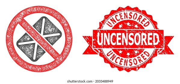 Net censored mail icon, and Uncensored grunge ribbon stamp seal. Red stamp seal has Uncensored tag inside ribbon.Geometric wire carcass 2D net based on censored mail icon,