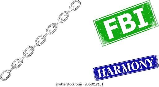 Net chain image, and FBI blue and green rectangular corroded stamps. Polygonal wireframe image is created from chain icon. Stamp seals contain FBI text inside rectangular shape.