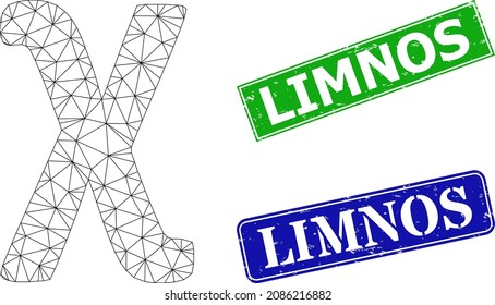 Net Chi Greek lowercase symbol image, and Limnos blue and green rectangle rubber stamps. Polygonal carcass image created from Chi Greek lowercase symbol icon.