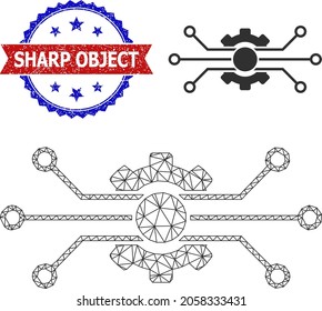 Net circuit gear wireframe illustration, and bicolor dirty Sharp Object stamp. Mesh wireframe illustration designed with circuit gear pictogram.