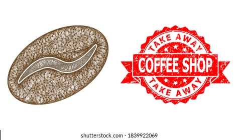 Net coffee bean icon, and Take Away Coffee Shop textured ribbon stamp seal. Red stamp seal includes Take Away Coffee Shop text inside ribbon.Geometric linear frame 2D net based on coffee bean icon,