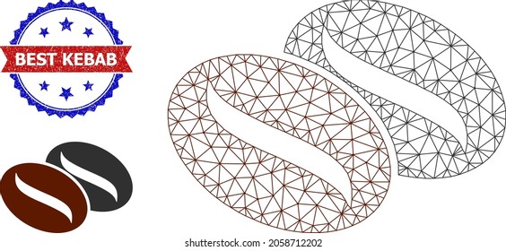 Net coffee seeds frame icon, and bicolor dirty Best Kebab seal. Mesh carcass image designed with coffee seeds icon. Vector seal with Best Kebab text inside red ribbon and blue rosette,