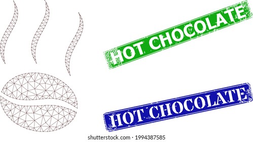 Net coffee vapor image, and Hot Chocolate blue and green rectangle rubber badges. Polygonal wireframe image designed with coffee vapor pictogram.