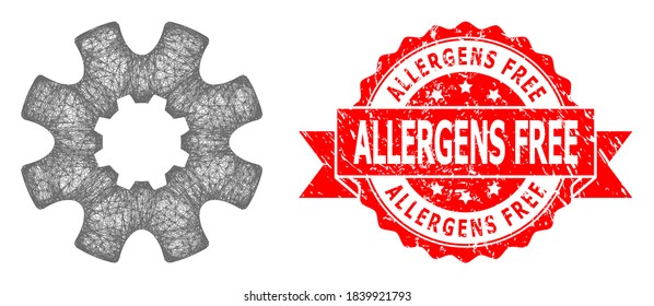 Net cog gear icon, and Allergens Free scratched ribbon seal print. Red stamp seal has Allergens Free text inside ribbon.Geometric hatched frame 2D net based on cog gear icon,