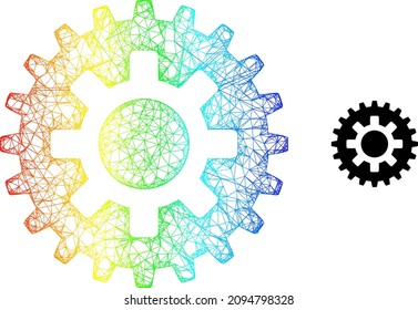 Net cogwheel carcass icon with rainbow gradient. Colorful carcass net cogwheel icon. Flat structure created from cogwheel symbol and intersected lines.