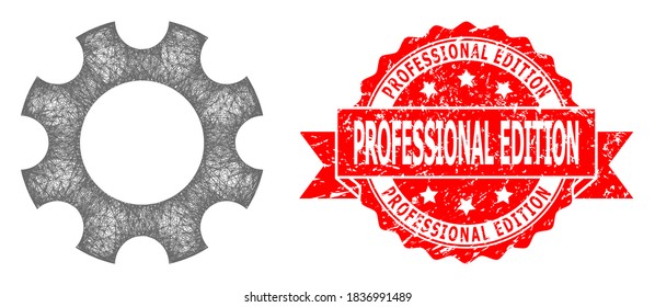 Net cogwheel icon, and Professional Edition textured ribbon seal. Red seal has Professional Edition tag inside ribbon.Geometric hatched carcass 2D net based on cogwheel icon,