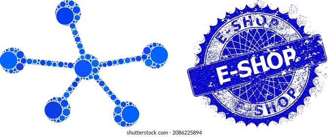 Net connections vector collage of small circles in variable sizes and blue color shades, and textured E-Shop stamp. Blue round sharp rosette stamp seal contains E-Shop tag inside it.
