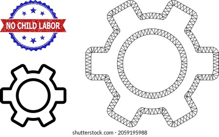 Icono de la estructura del mazo de cables del engranaje de contorno neto y sello de trabajo infantil no limpio en bicolor. La imagen de malla del maletero está diseñada con el icono del engranaje de contorno.