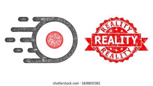 Net core flight icon, and Reality textured ribbon stamp seal. Red stamp seal includes Reality tag inside ribbon.Geometric wire carcass 2D net based on core flight icon, generated with crossed lines.