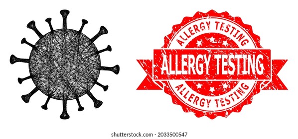 Net Covid-19 virus icon, and Allergy Testing textured ribbon stamp. Red stamp seal has Allergy Testing text inside ribbon.Geometric wire frame flat net based on Covid-19 virus icon,