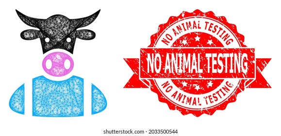 Net Cow Boy Icon, And No Animal Testing Dirty Ribbon Stamp Seal. Red Stamp Seal Includes No Animal Testing Caption Inside Ribbon.Geometric Linear Carcass 2D Net Based On Cow Boy Icon,