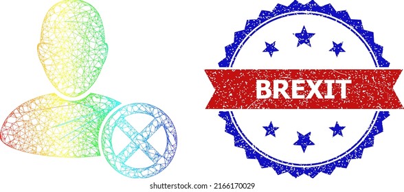 Net delete user framework icon with spectral gradient, and bicolor scratched Brexit seal stamp. Red stamp includes Brexit tag inside blue rosette. Colorful carcass net delete user icon.