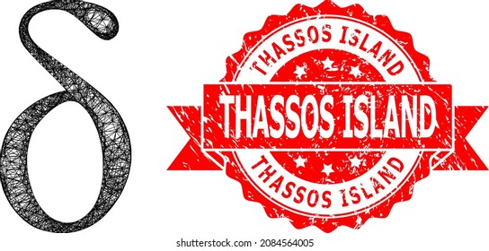 Icono de letra pequeña delta de la red y sello de sello de la marca Thassos Island arañado. El sello rojo contiene el título de la isla Thassos dentro de la cinta.