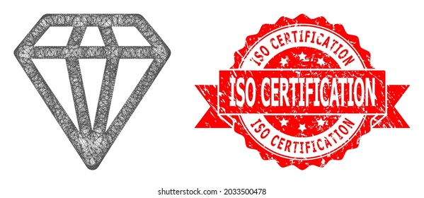 Icono de diamante neto y imitación de sello de goma de la certificación ISO. El sello rojo contiene el título de la certificación ISO dentro de la cinta.Red plana de marco lineal geométrica basada en el icono del diamante,