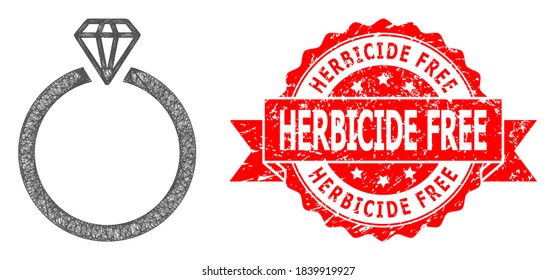 Net diamond ring icon, and Herbicide Free rubber ribbon stamp seal. Red stamp seal contains Herbicide Free text inside ribbon.Geometric hatched carcass 2D net based on diamond ring icon,