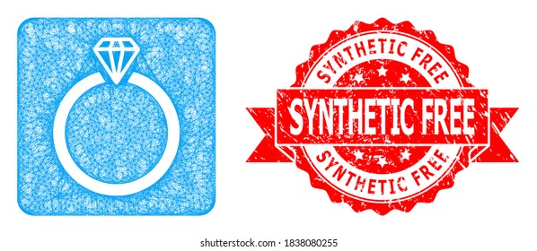 Net diamond ring icon, and Synthetic Free textured ribbon stamp seal. Red stamp seal contains Synthetic Free text inside ribbon.Geometric linear frame 2D net based on diamond ring icon,