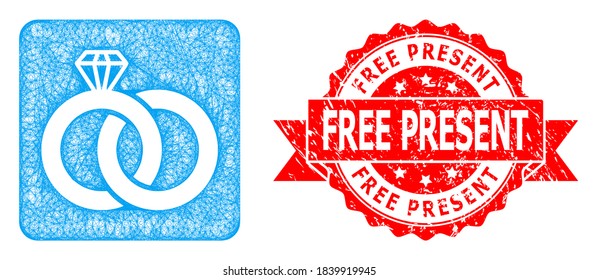 Net diamond wedding rings icon, and Free Present rubber ribbon seal. Red seal includes Free Present text inside ribbon.Geometric linear frame 2D net based on diamond wedding rings icon,