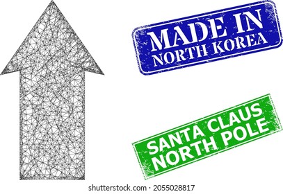 Net up direction image, and Made In North Korea blue and green rectangle unclean stamp seals. Polygonal wireframe image created from up direction pictogram.