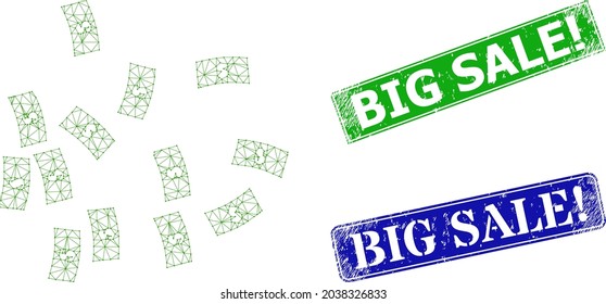 Modelo de billetes en dólares netos, y imitaciones de sellos rectangulares de grunge azul y verde de la Exclamación de Gran Venta. El símbolo de malla inalámbrica está diseñado con pictograma de billetes en dólares.