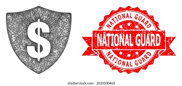 Net Dollar Shield Icon, And National Guard Textured Ribbon Stamp. Red Stamp Seal Contains National Guard Tag Inside Ribbon.Geometric Wire Carcass Flat Net Based On Dollar Shield Icon,