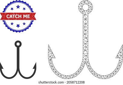 Net double fish hook model illustration, and bicolor grunge Catch Me seal stamp. Mesh carcass illustration designed with double fish hook pictogram.
