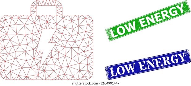Net electric kit model, and Low Energy blue and green rectangular scratched stamps. Mesh wireframe symbol is based on electric kit icon. Stamps have Low Energy text inside rectangular frame.