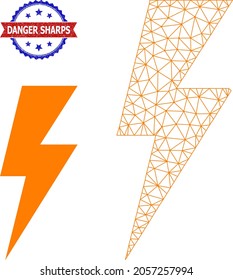 Net electric spark model icon, and bicolor scratched Danger Sharps seal. Polygonal carcass illustration is designed with electric spark icon.